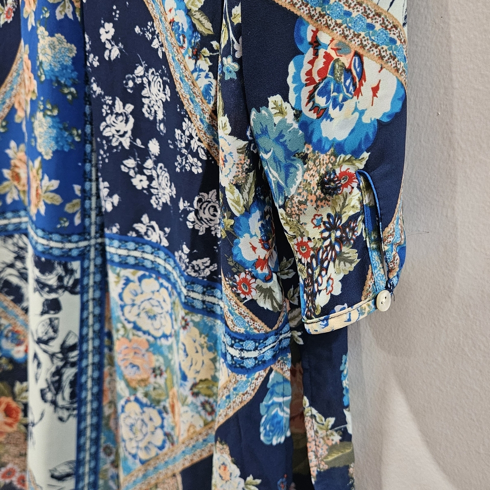 Figueroa & Flower Blue Floral Tunic Blouse Boho Patchwork Design, Size Large - Picture 7 of 10